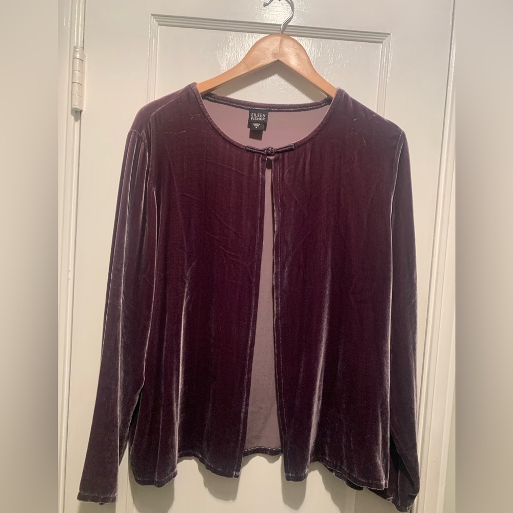 Eileen Fisher Purple Velvet Rayon Silk Open Cardigan M Plum Quiet Luxury EUC